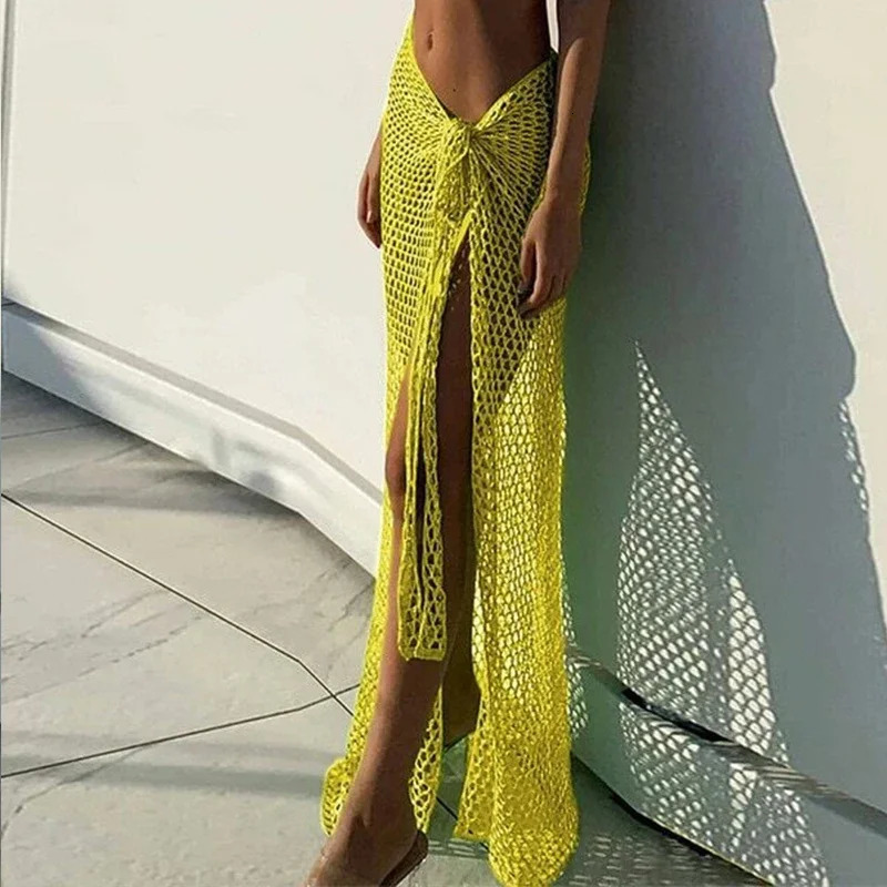 Sexy Wrap Skirt Binding Rope Beach Wear Sarong Arrival Women Knitting Crochet Hollow Out Cover Up Solid Color Dress 250120