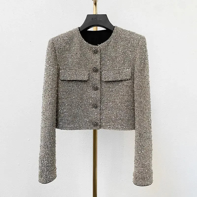Chic Women Bright Thread Woven Tweed Blazers Coat Autumn Short Weaved OL Cardigan High Waist Single-breasted Tops Jacket Abrigos 250122
