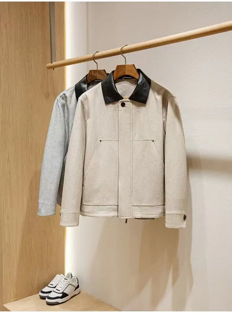 Linen blend canvas workwear style mens genuine leather lapel jacket 250120