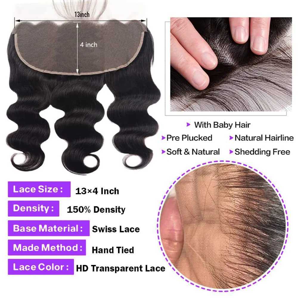 Brazilian Virgin Raw Human Hair Bundles With 4x4 Clo Body Wave 13x4 Frontal Transparent Lace Hair Bundle 3/4 ExtensionsXJ250120