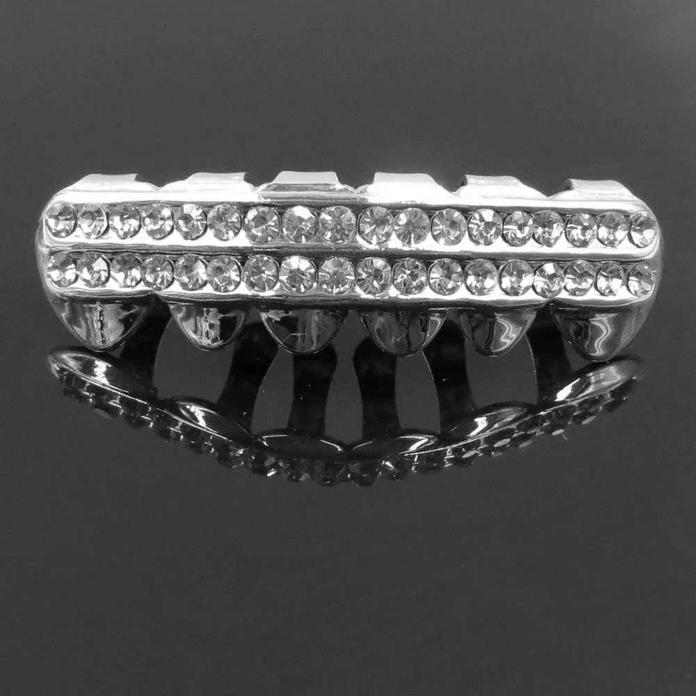 RACHELZ Hip Hop CZ Stone Teeth Grillz Caps 14K Gold Plated Double Row Cubic Zircon Tooth Grills For Women Men Jewelry GiftXJ250114