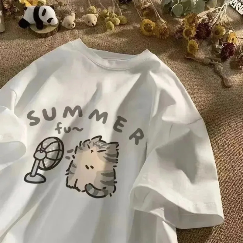 2024 Summer Fan Cat and Women Cotton Printed Anime Funny Mens TShirt Hip Hop Fashion Casual Plus Size Y2k Tops 250122