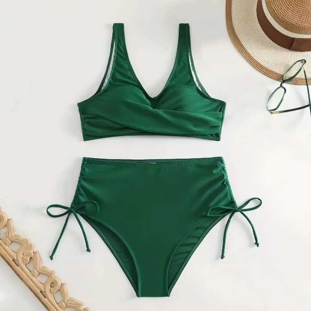 2Pcs/Set Summer Women Bikini Set V-Neck Sveless High Waist Lady Swimsuit Side Drstring Tummy Control Bating Suit SwimwearXJ250120