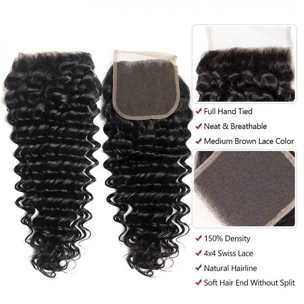 Deep Wave Bundles with Clo 4x4 Lace Clo Brazilian Remy Wet and Wavy Bundles With Clo Natural Color for Black WomenXJ250120