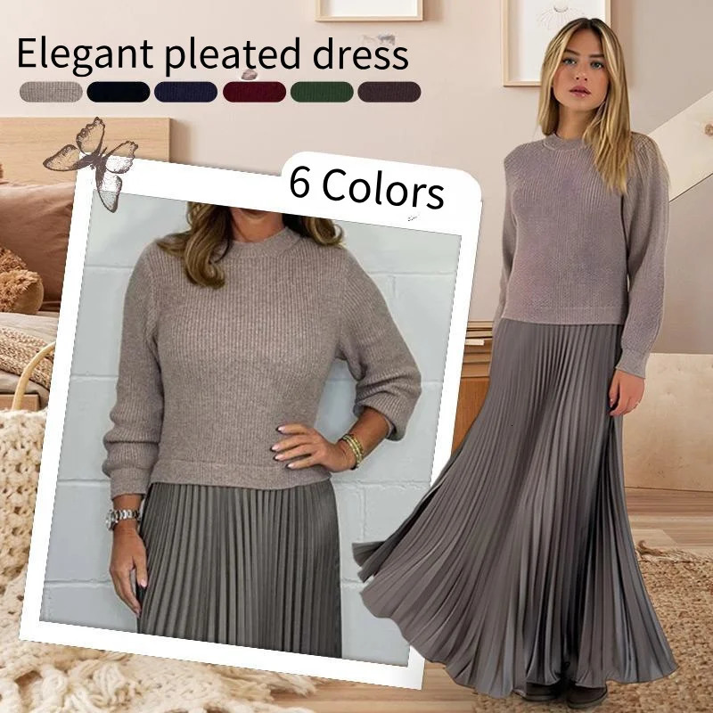 Womens Pleated Dress Stylish Elegant Round Neck Solid Color Long Skirt Bottom 250122