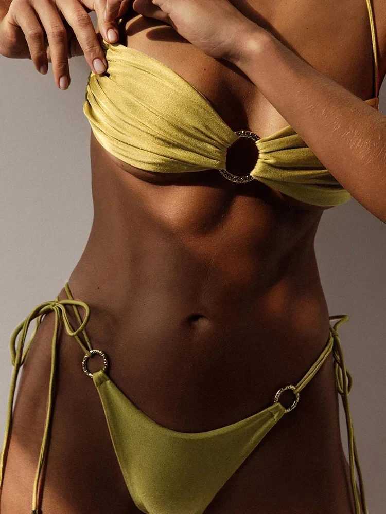 Bathing Suit Women Metal Ring Sexy Bikini Set Strapless Beachwear Summer Lace Up Two-pieces Swimwear BiquinisXJ250120
