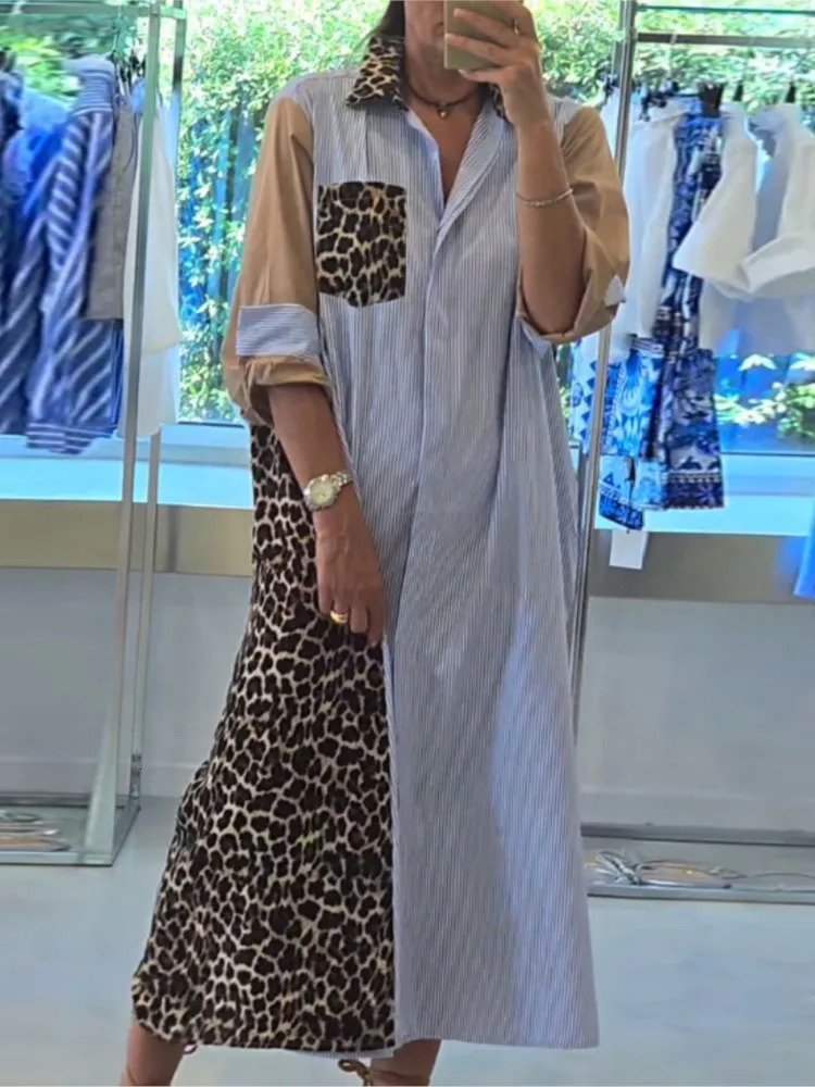 Fashion Lapel Long Sleeve Single Breasted Shirt Dress Women Autumn Elegant Pocket Splicing Striped Leopard Print Dresses Female 250113