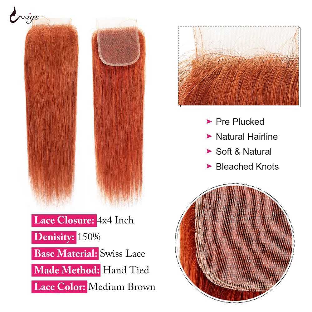 Uwigs Ginger Orange Bundles With Clo Brazilian Hair Extensions Human Hair Straight Bundles With Clo For Woman Remy HairXJ250120