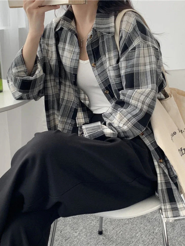 Casual Long Sleeves Autumn Blouse Korean Mid Length Loose Women Winter Plaid Shirt Female Fashion Turn Down Collar Tops 250121