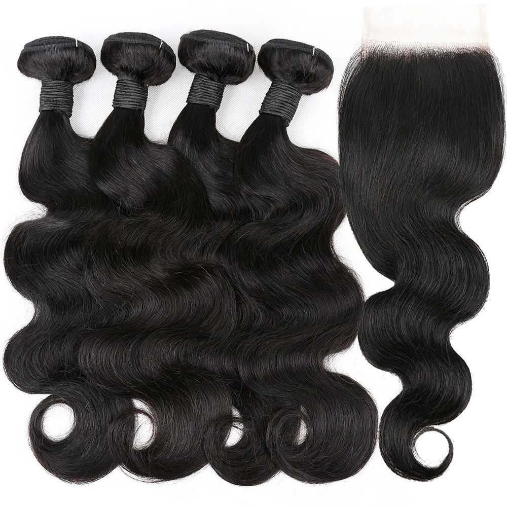 Aircabin Body Wave Bundles With Clo Remy Human Hair Weave Bundles 100% Real Hair Extension 3/4 Bundles With 4x4 Lace CloXJ250120
