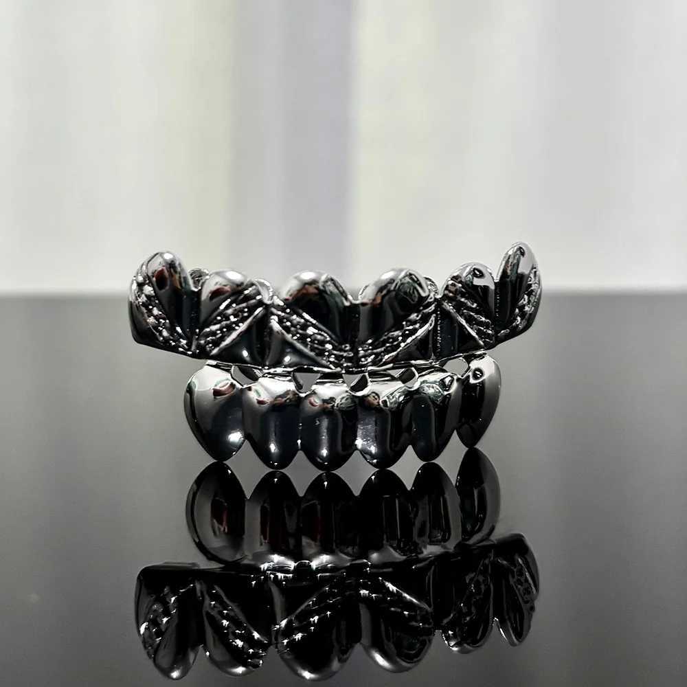 RACHELZ Hip Hop Chain Pattern Glossy Tooth Grillz Braces Classic 6/6 Top Bottom Teeth Caps For Women Men Jewelry CosplayXJ250114