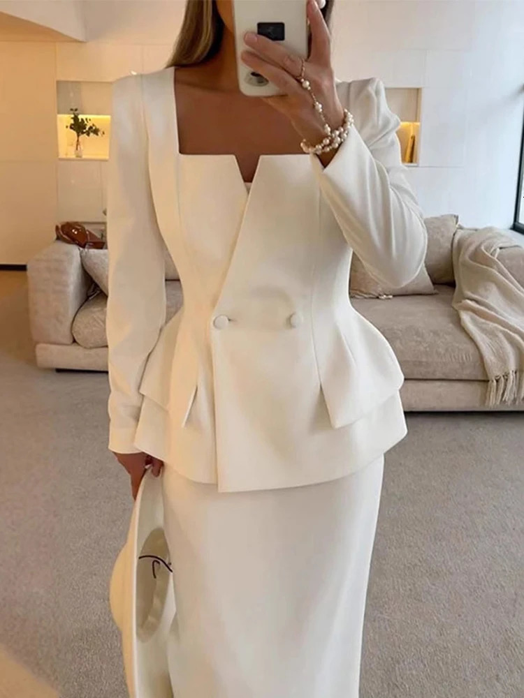 Elegant White Coat Skirt Set Fashion Square Collar Slim Jacket High Waist Long 2024 Autumn Ladies Cummuter Suit 250122