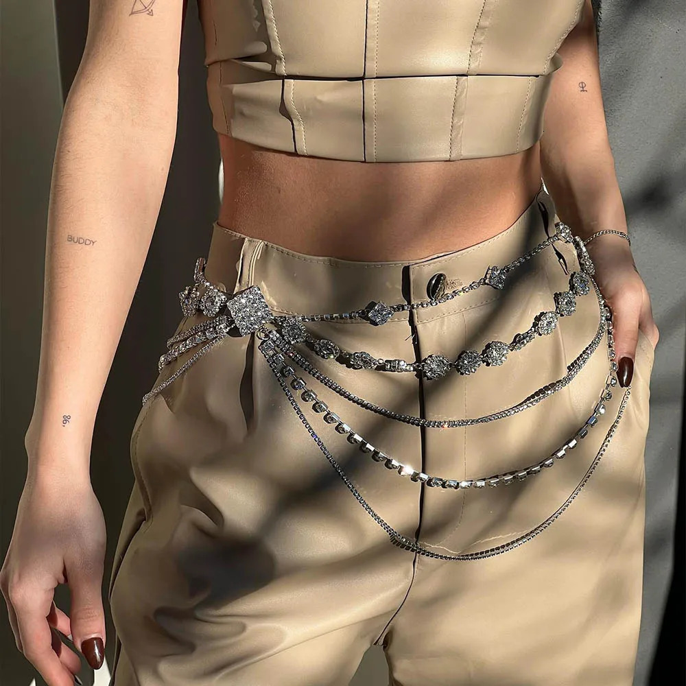 Stonefans Ins Fashion Geometric Waist Chain Hip Hop Body Accessories Sparkly Punk Gift Rhinestone Belt Chain for Women Nightclub 250117
