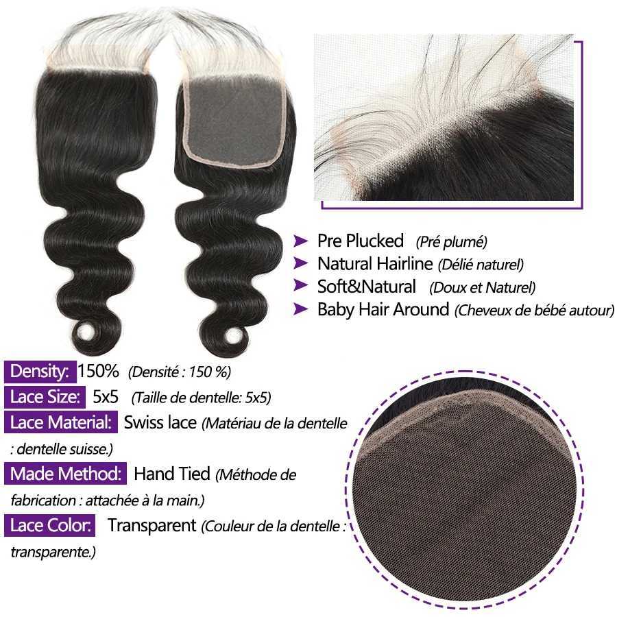 10-40 inch 5 x 5 Lace Clo Body Wave Frontal 3 Bundles With Closuse Only Brazilian Middle Part Human Hair 100% Remy HairXJ250120