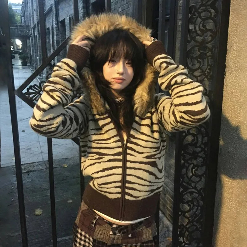 Karrram Japanese Y2k Fur Collar Cardigans Vintage Harajuku Leopard Hooded Knitwear Grunge Aesthetics Fur Coat American Retro 00s 250122