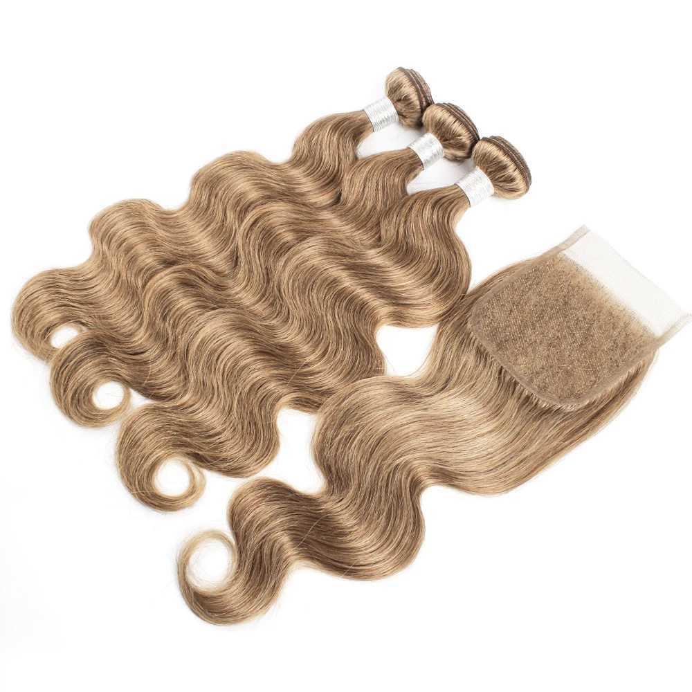 Body Wave Color 8 Ash Blonde 2/3/4 Bundles With 4x4 Clo Free Part Indian Remy Human Hair Weave Extension 95-100g/PC AlXJ250120