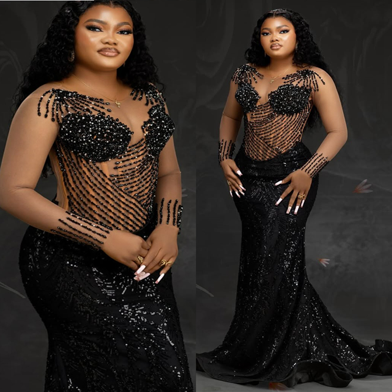 2025 Aso Ebi Black Prom Dresses Mermaid Evening Dresses Sheer Neck Long Sleeves Illusion Beaded Beading Tassel Birthday Party Dress Second Reception G