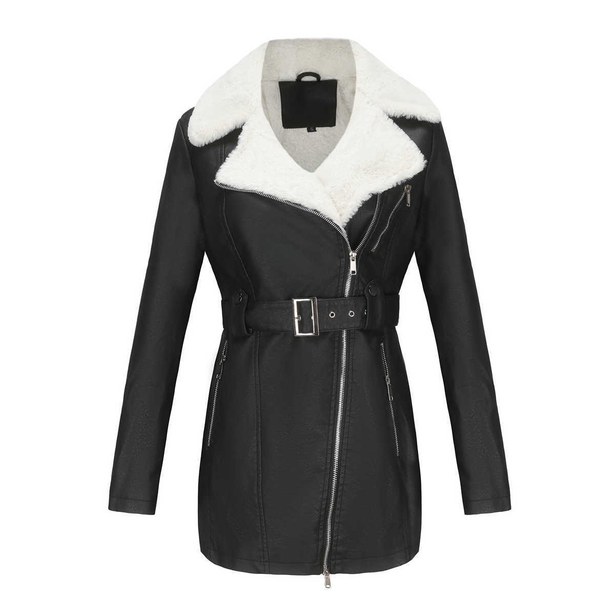 Autumn Winter Long Sleeved Plush Leather Coat Womens Polo Double Head Zipper with Belt Warm Coat Womens Leather Womens Jacket 241209