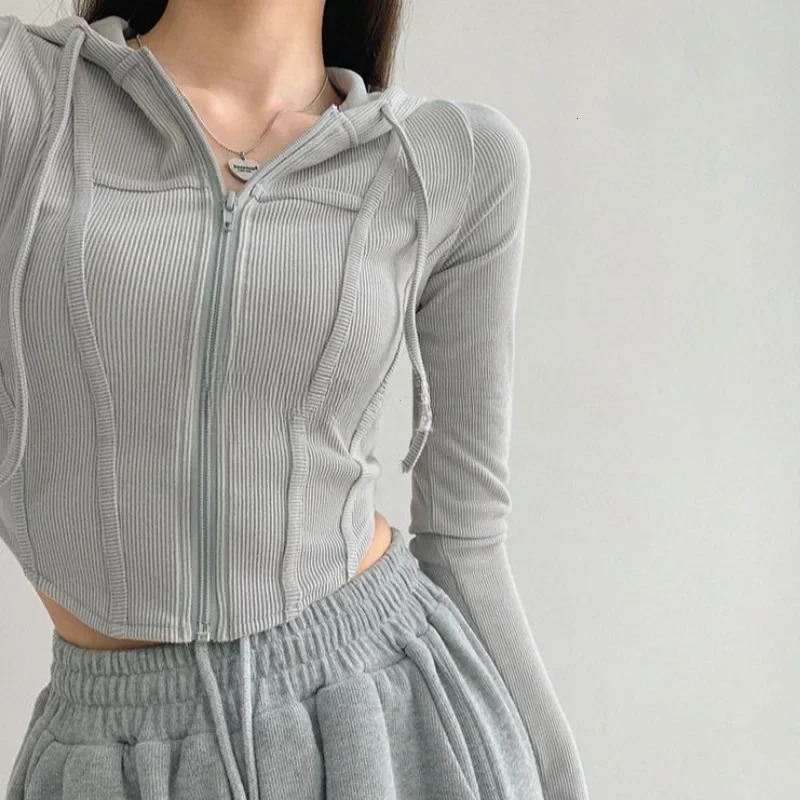 Thin Hooded Cardigan Women Vintage Slim Solid Sports Jacket Vertical Pit Stripe Zipper Female Sexy Korean Cropped Tops 250122