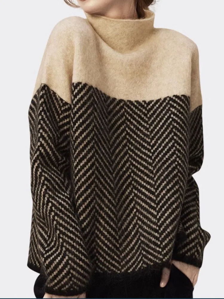 Contrast Color Turtleneck Sweater Women Autumn Winter Fashion Knitwear Long Sleeve Tops All Match Loose Thickened Jumper 250114