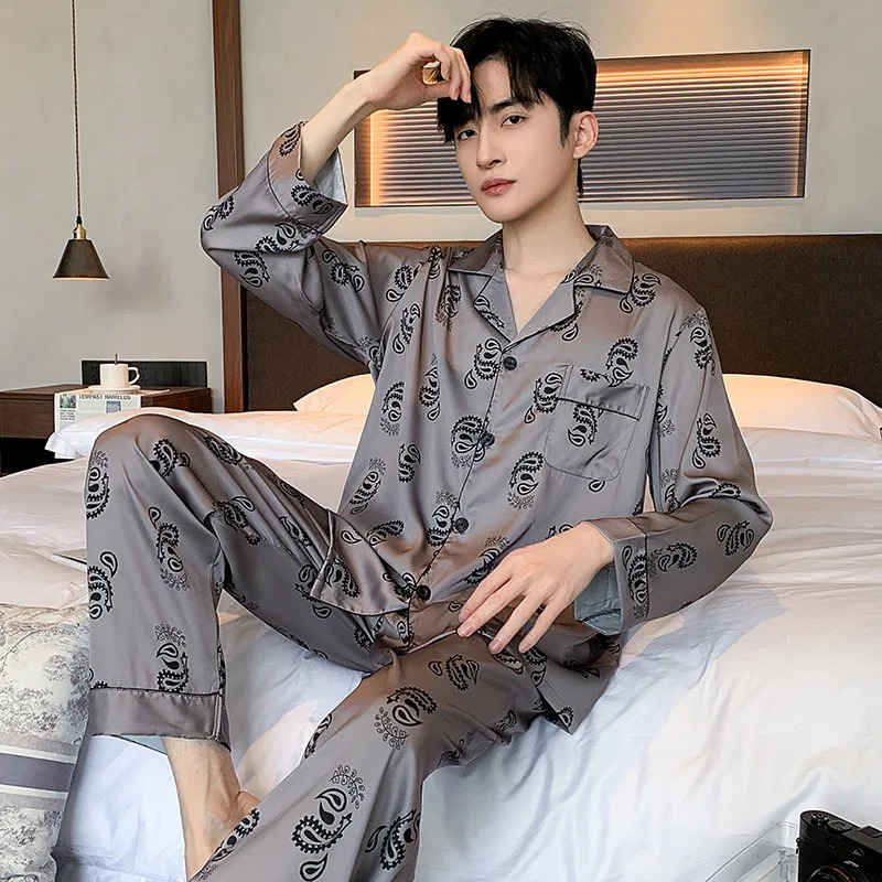 High Quality Satin Pajamas Suit Men Spring Autumn Ice Silk Long Sleeve Sleepwear Set Summer Comfy Classic Nightcloth Male 250122
