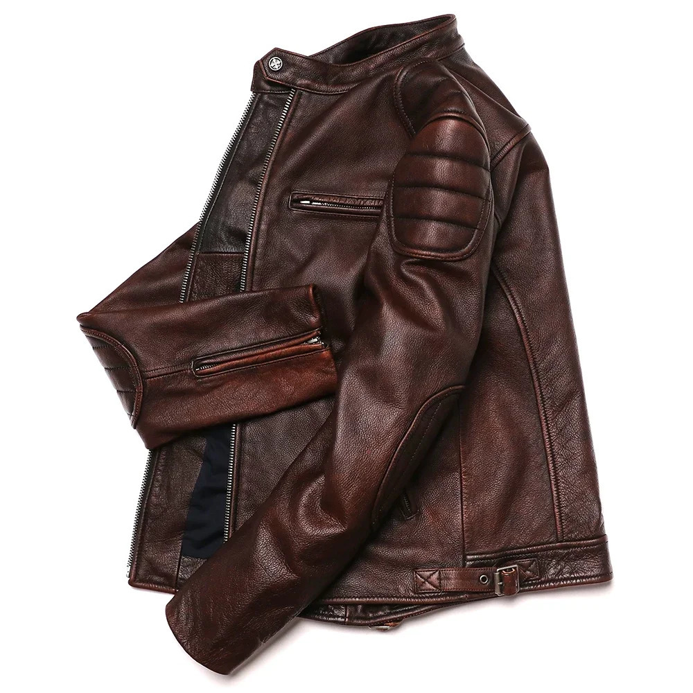 Vintage Brown Genuine Leather Jacket Real Natural Cowhide Men Motorcycle Biker Coat Mens Slim Calf Skin 250110