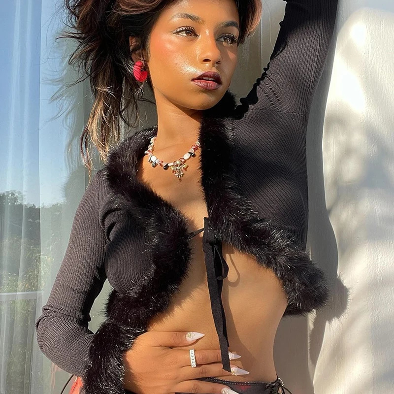 Womens Y2k Cropped Cardigan Sweater Long Sleeve V-Neck Faux Fur Trim Tie-up Crop Top Open Front Knitted Coat Vintage Streetwear 250122