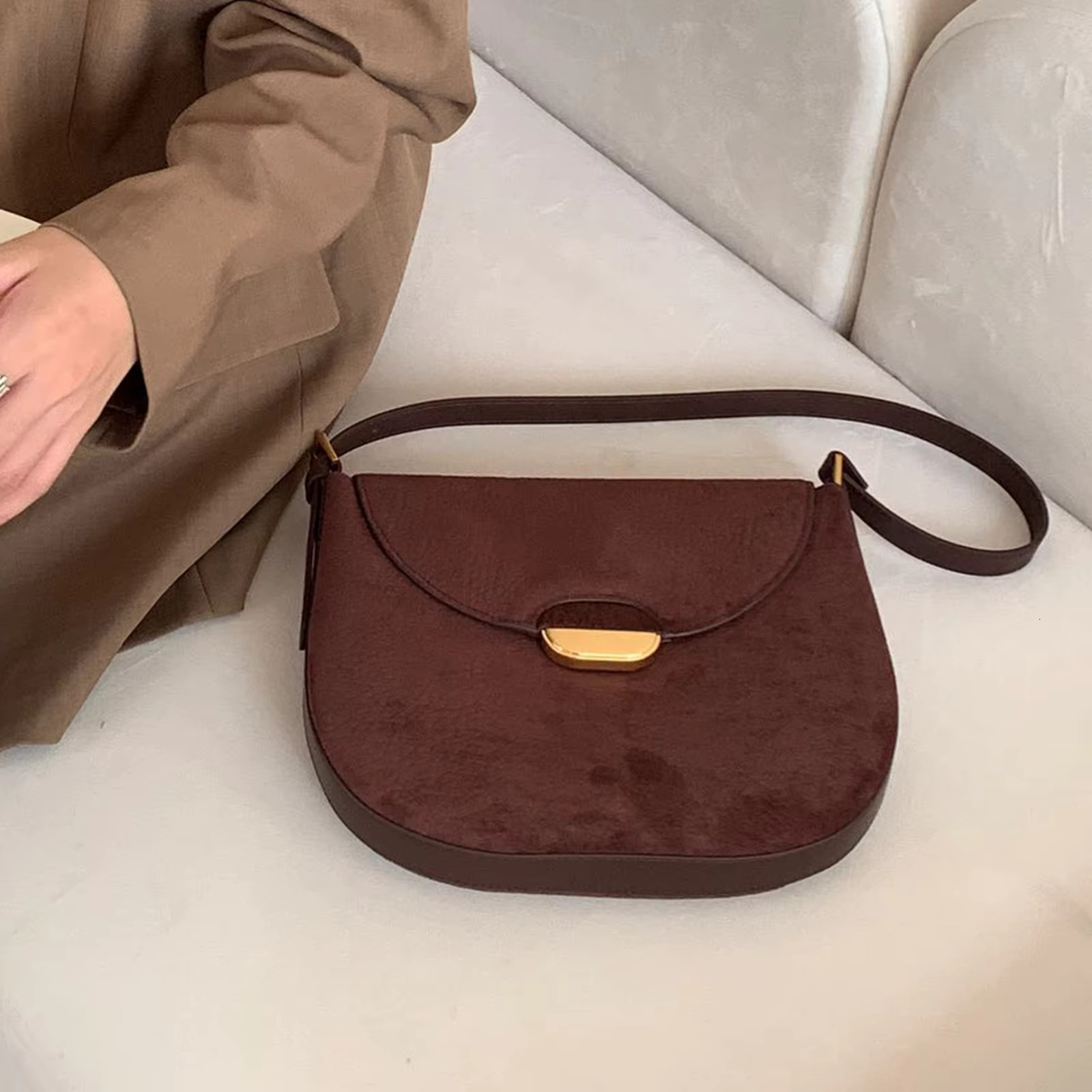 2025Autumn Elegant Stylish Saddle Flap Green Suede Cow Leather Women Crossbody Shoulder Bag Special Pouch