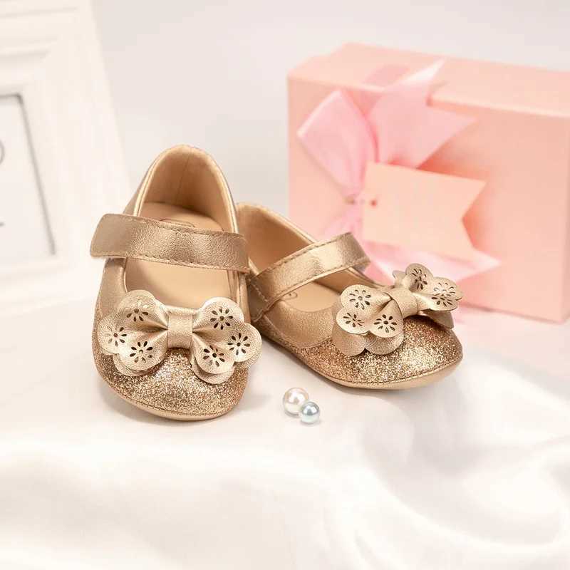 New Baby Girl Shoes Flower Gold Sparkling Bowknot Toddler Rubber Sole Anti-slip First Walkers Infant Newborn Baby Princess shoes X250129