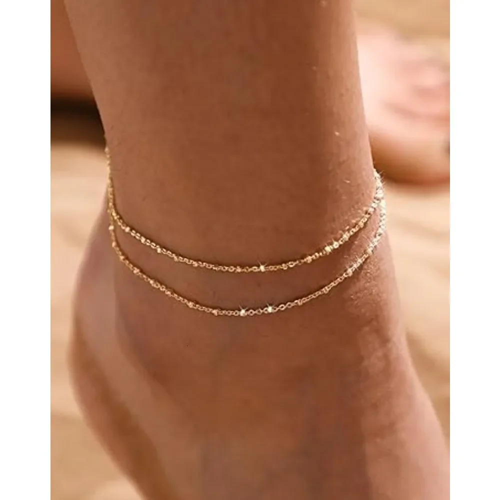 Womens Anklet 14K gold-plated womens Anklet waterproof Cuban chain bead Anklet bracelet womens gift 250110