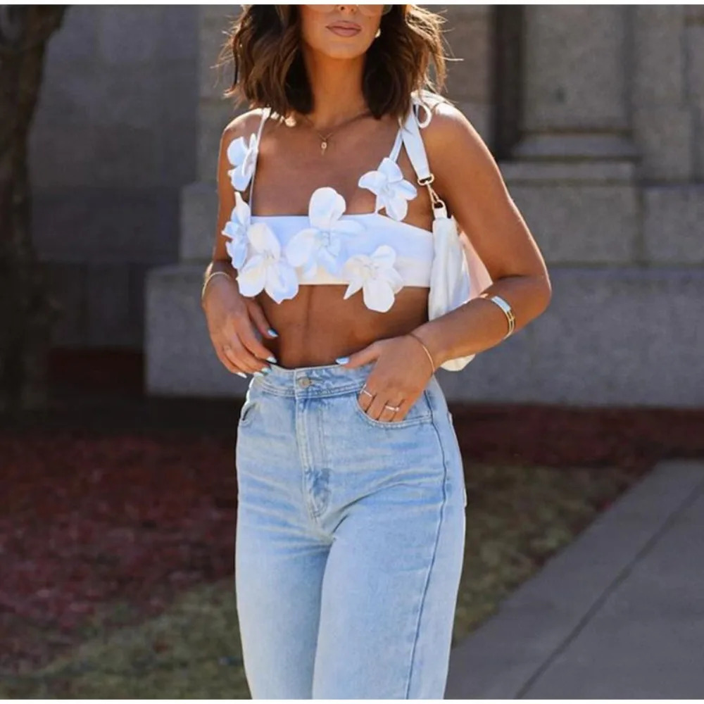 Casual 3D Flower Spaghetti Strap Top Lace-up V-Neck Camisole Sleeveless Sexy Crop Tops for Women 250116