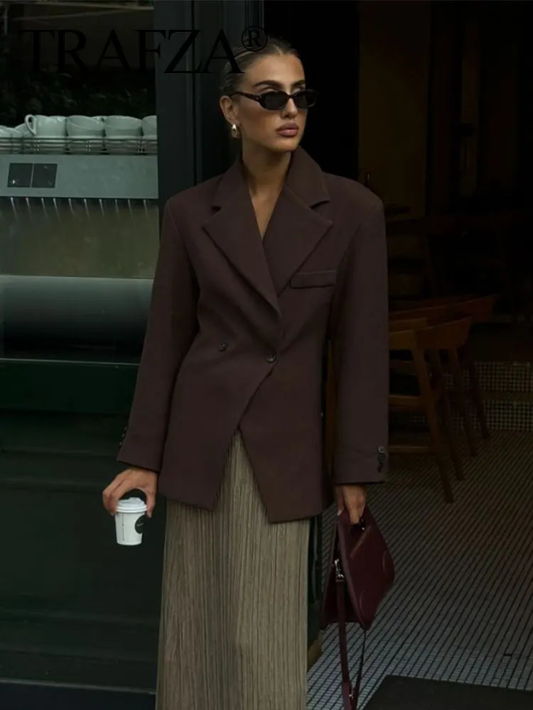 TRAFZA Women Fashion Solid Blazer Lapel Slim Double Breasted Long Suit Coat Female Wild Office Lady Commute Woman Outercoat Top 250120