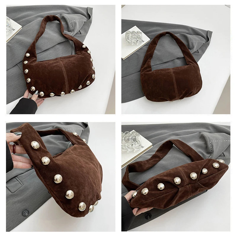 Vintage silver rivet suede shoulder bag winter suede handbag Versatile Creative Personality Underarm bag 250109