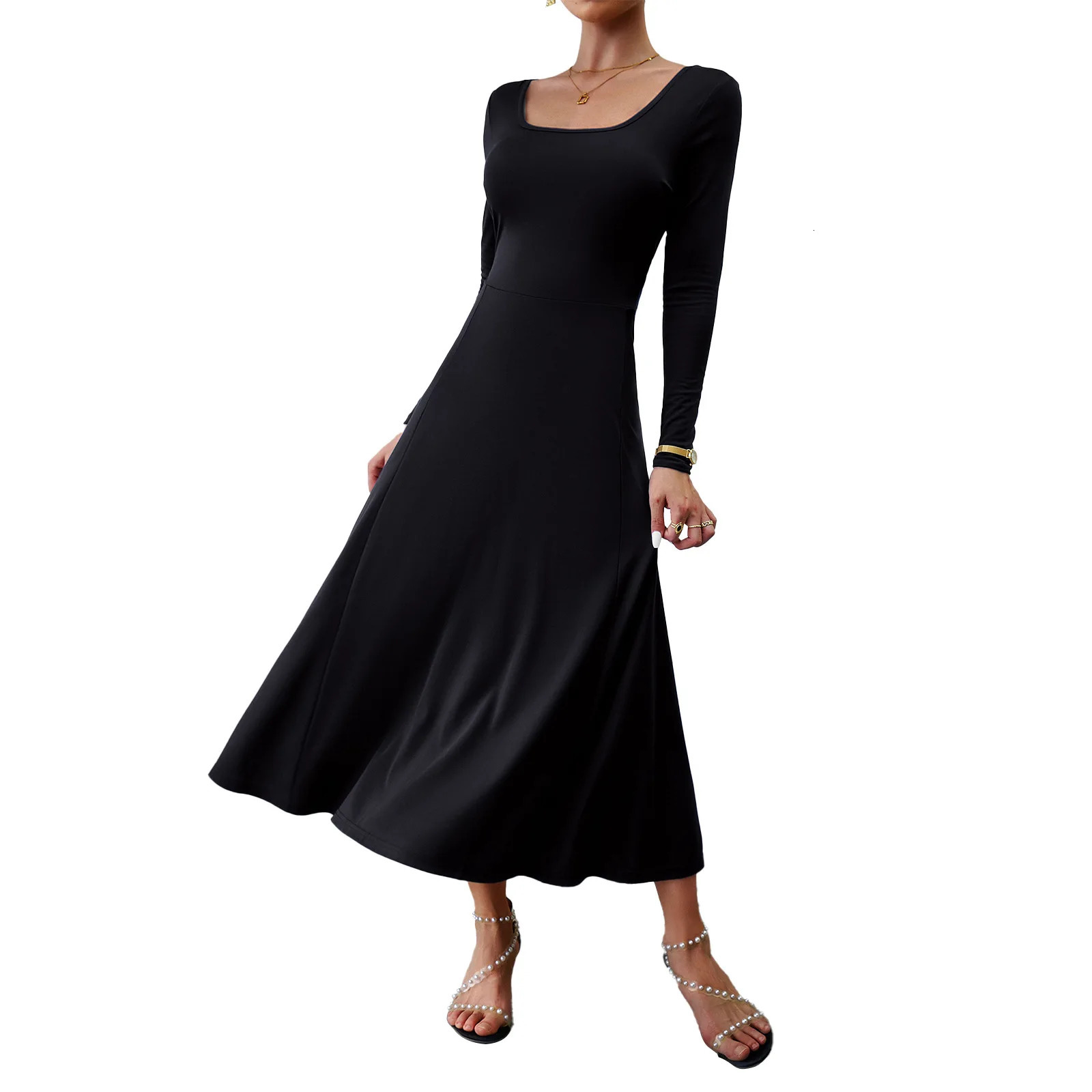 2025 Spring Autumn Womens Long Sleeve Dress Solid Color O-neck Womens Long Dress Small-waisted Womens Slim-fit Dresses 250121