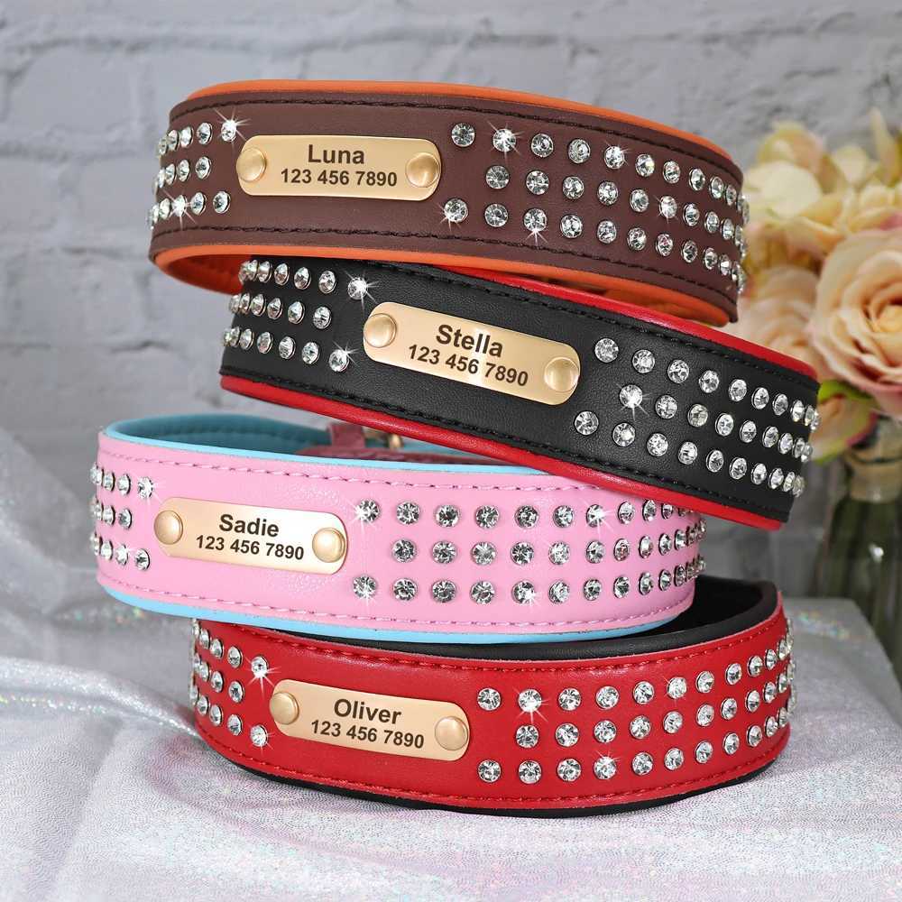 Personalized Dog Collar Bling Rhinestone Leather Pet Collars For Small Medium Large Dogs Engraved Pet ID Nameplate Necklace X250129