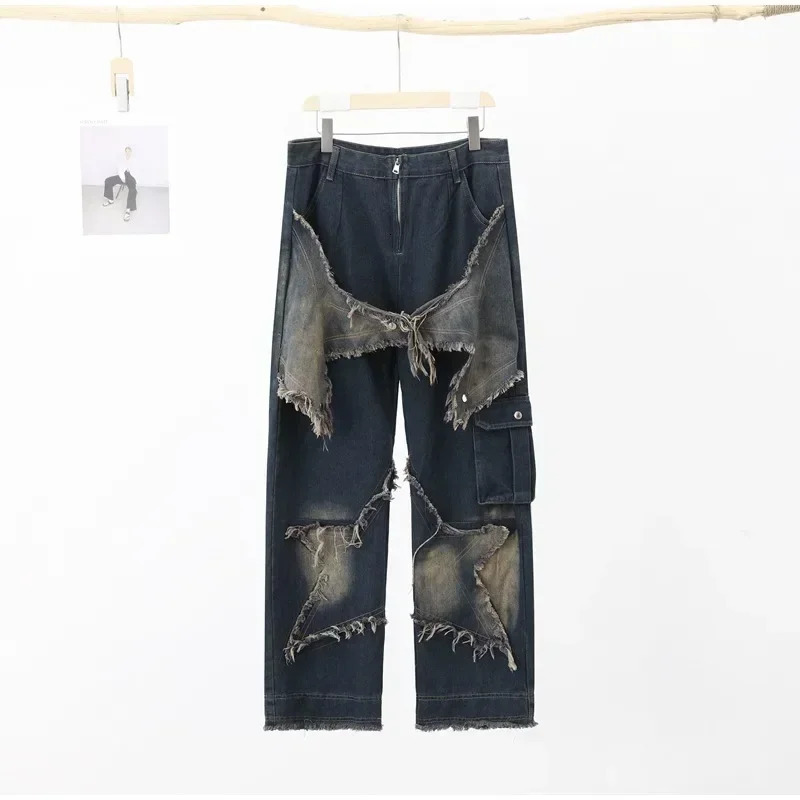women star stitching tassel pants American retro high street jeans loose wide leg trendy punk y2k 250115