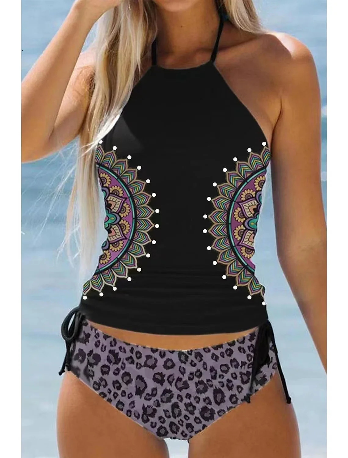 Summer Womens Double Strap Swimsuit Comfortable Vacation Beach Tankini Short Dandelion Print Bikini S-6XL 250109