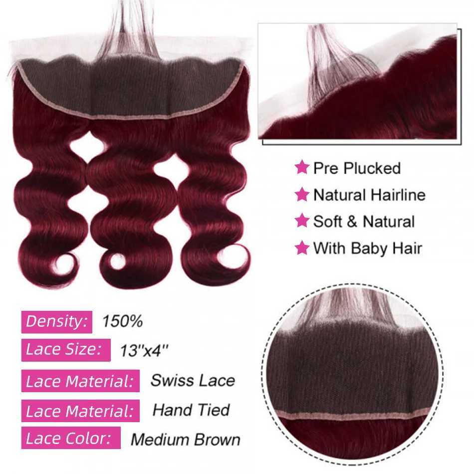 99J Body Wave Bundle with Frontal Human Hair 3 Bundle With 13x4 Lace Frontal Clo Body Wave Dark Burgundy Bundle with FrontalXJ250120