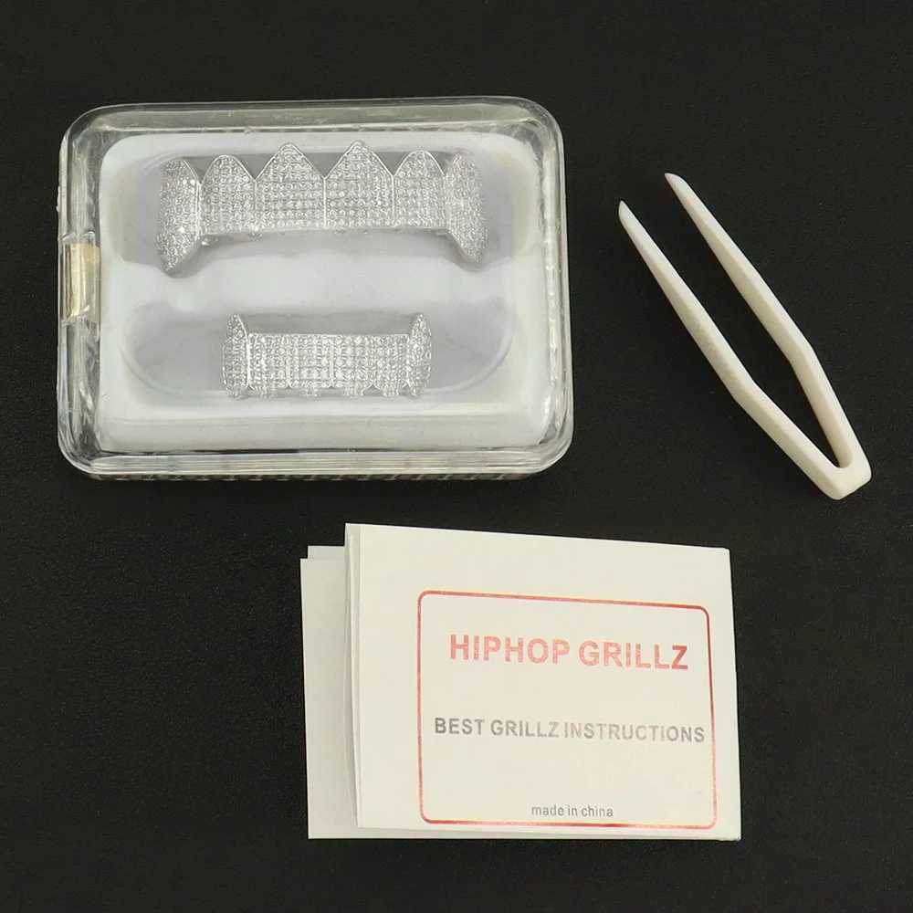 Hip Hop Iced Out CZ Stones Teeth Grillz Caps Cubic Zircon Micro Pave Top Bottom Charm Grills Set For Men Women Jewelry GiftXJ250114