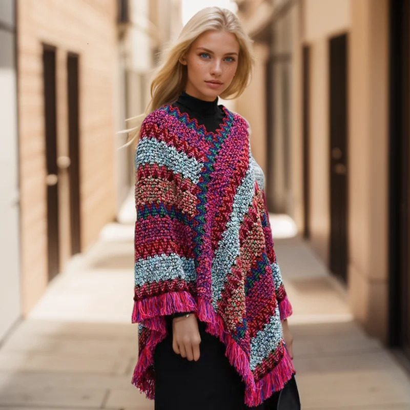 Autumn Knitting Cotton Shawl Ethnic Scarf Striped Tassel Poncho For Women Pashmina Keep Warm Travel Shawls Headband 65*70cm 250120