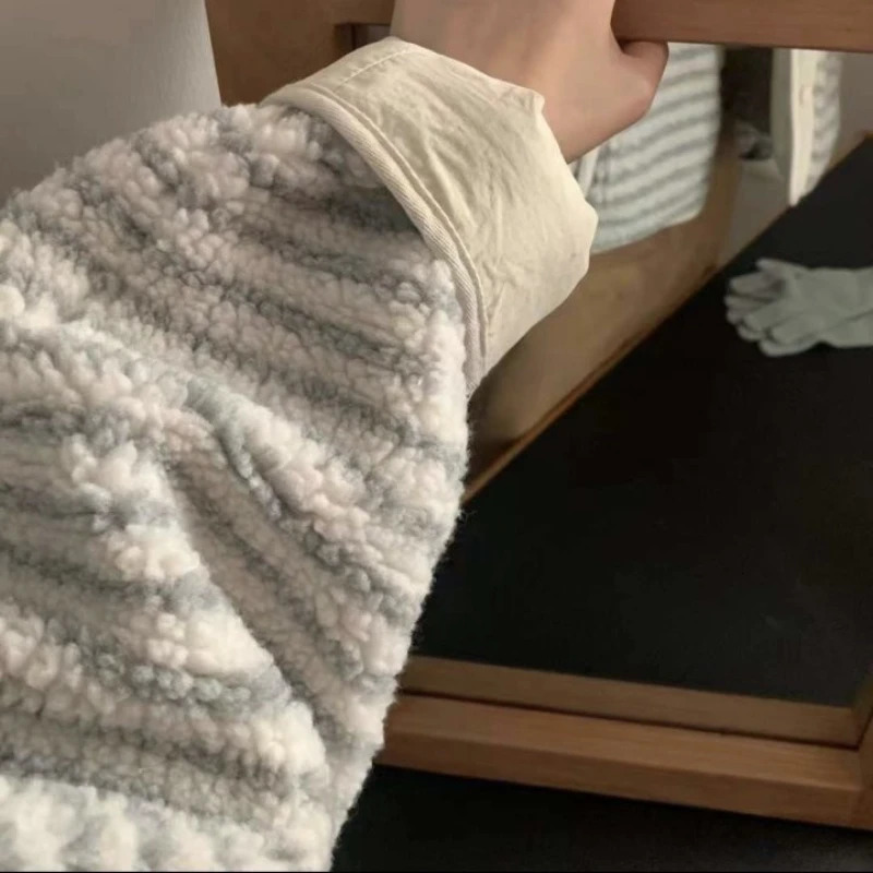 Korean Polar Fleece Jacket for Women Winter Striped Contrasting n Oneck Long Sleeve Warm Top Loose Casual Female Clothing 250113