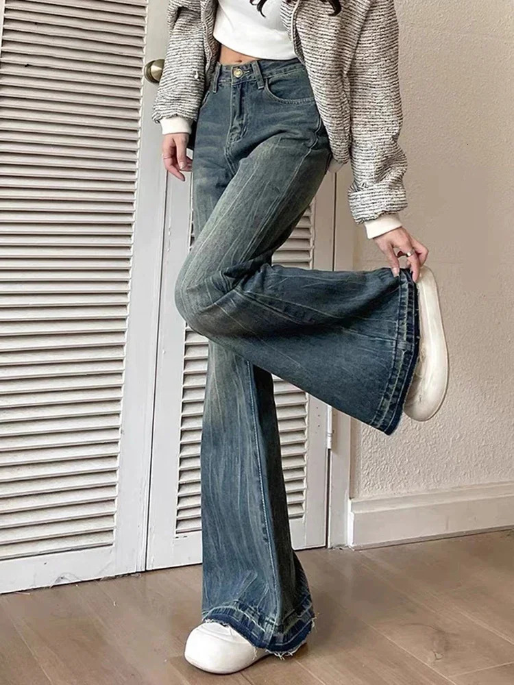 Winter Fashion Slim Fit Casual Retro Blue Womens Jeans American YK2 Unique Office Pocket Basic Women Flare Pants 250108