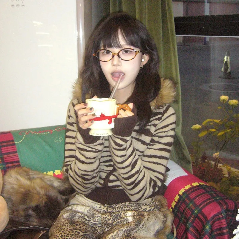 Karrram Japanese Y2k Fur Collar Cardigans Vintage Harajuku Leopard Hooded Knitwear Grunge Aesthetics Fur Coat American Retro 00s 250122