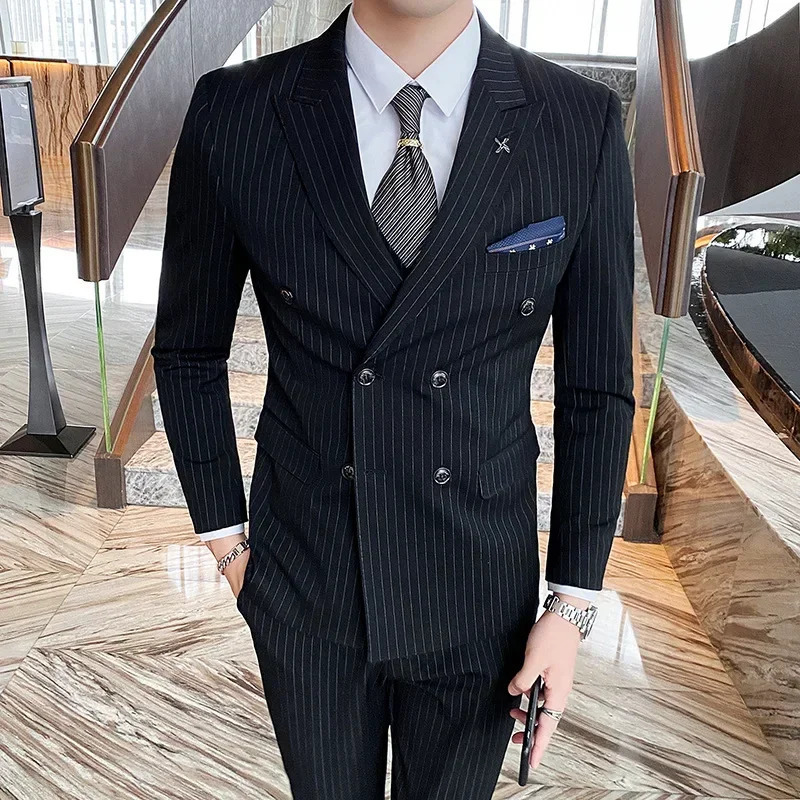 2024 Formal Stripe Men Suits Double Breasted Wedding Groom Stage Tuxedo Man Business Slim Social Suit Dress 2 Pcs 3pcs 250122