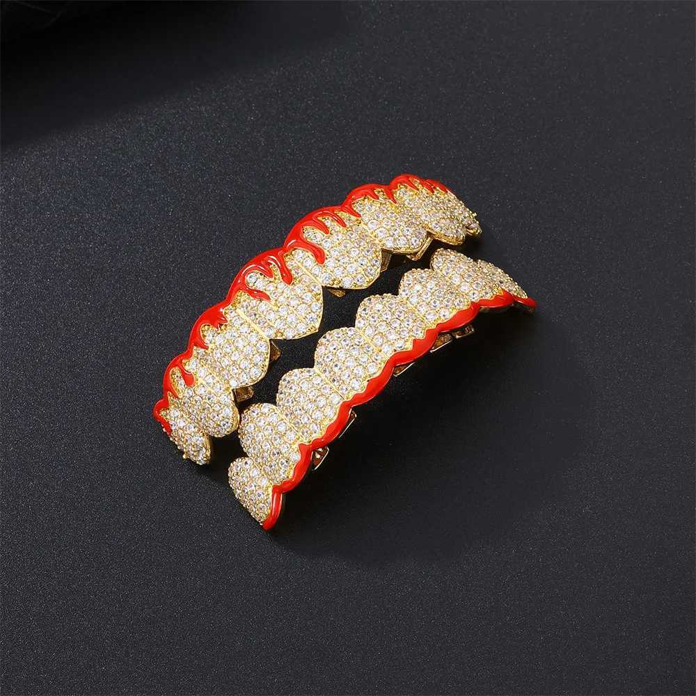RACHELZ Fashion 8/8 Red Flame Shiny Zircon Teeth Grillz Hip Hop Full CZ Stone Tooth Caps For Women Men Body Jewelry GiftXJ250114