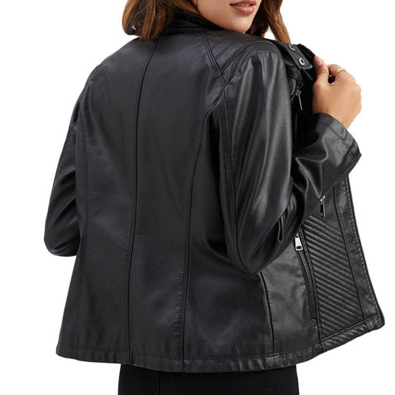 New Womens Casual Leather Jacket Stand Collar Jacket Slim Jacket Womens Spring and Autumn Solid Color Womens Leather Jacket Womens Leather Womens Jack