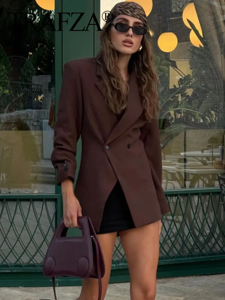 TRAFZA Women Fashion Solid Blazer Lapel Slim Double Breasted Long Suit Coat Female Wild Office Lady Commute Woman Outercoat Top 250120
