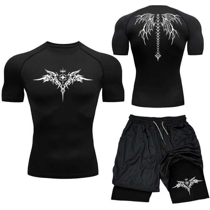 Compression Set Y2K Print Sportwear for Men Quick Dry GYM Shorts+Shirt 2PCS Quick Dry Rashguard Training Sport Suit 2024 New X250129