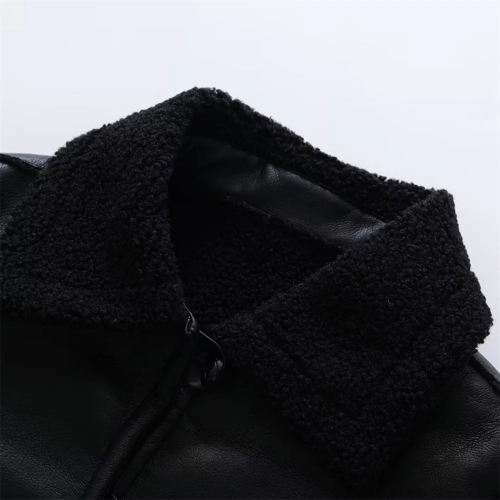 PB ZA winter womens simple high-end fashion black fur collar double-sided jacket pocket decoration long-sleeved coat 250122