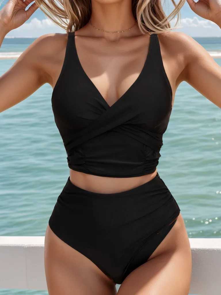 Summer Women V Neck Black Bikini Set High Waist Straps Swimwear for Women Backless 2 Piece Beach Swimsuit Bathing SuitXJ250120